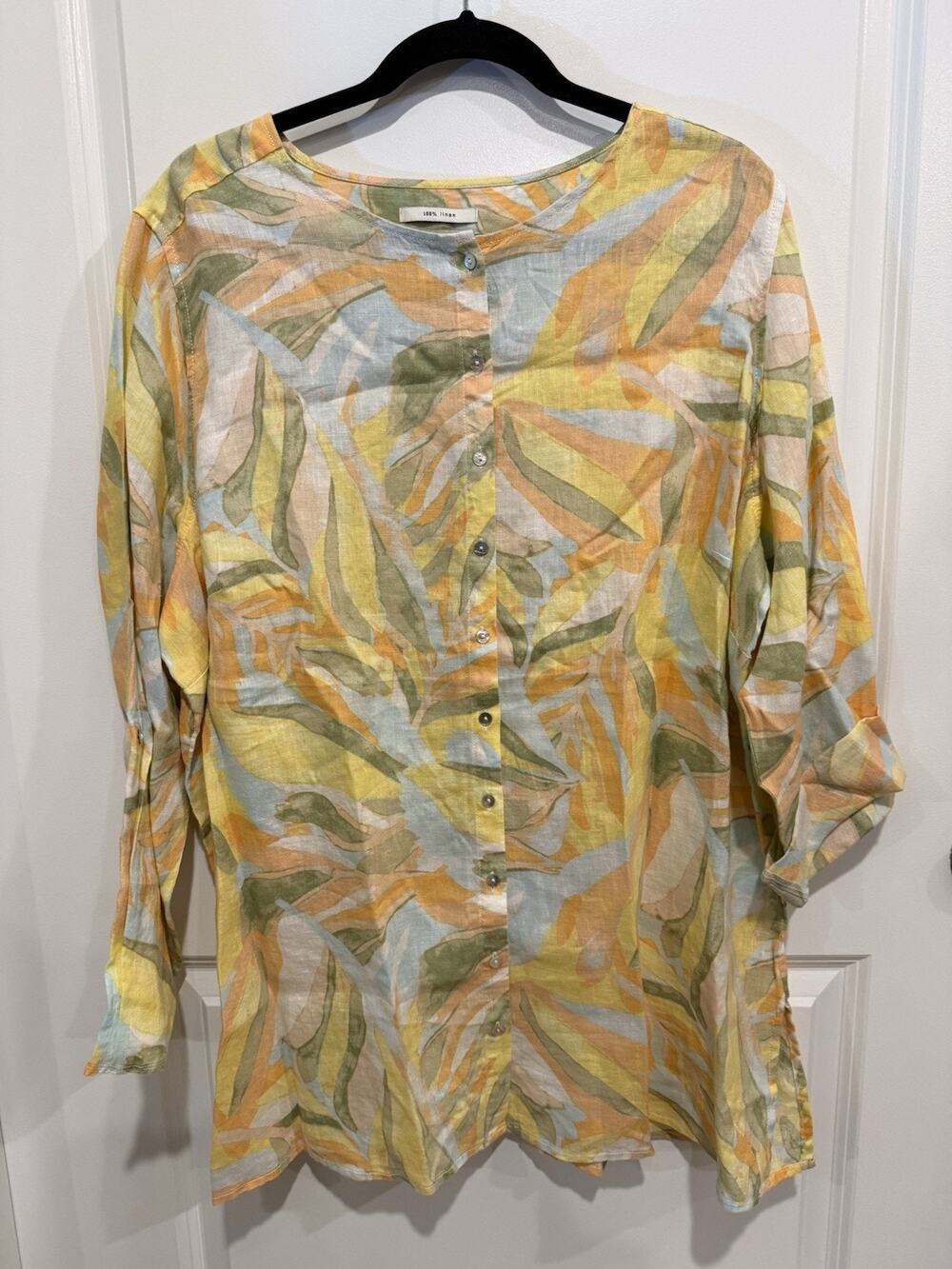 Rachel Zoe 100% Linen Blouse Womens 2X Tropical Leaf Print Button Front Roll Tab